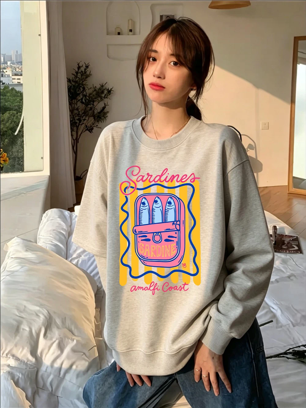 Sardines Amalfi Coast Prints Sweatshirts für Damen, Fleece, warm, bequem, Kapuzenpullover, Rundhalsausschnitt, lockere Oberteile, Winter, lässige Damenkleidung – Detail 13