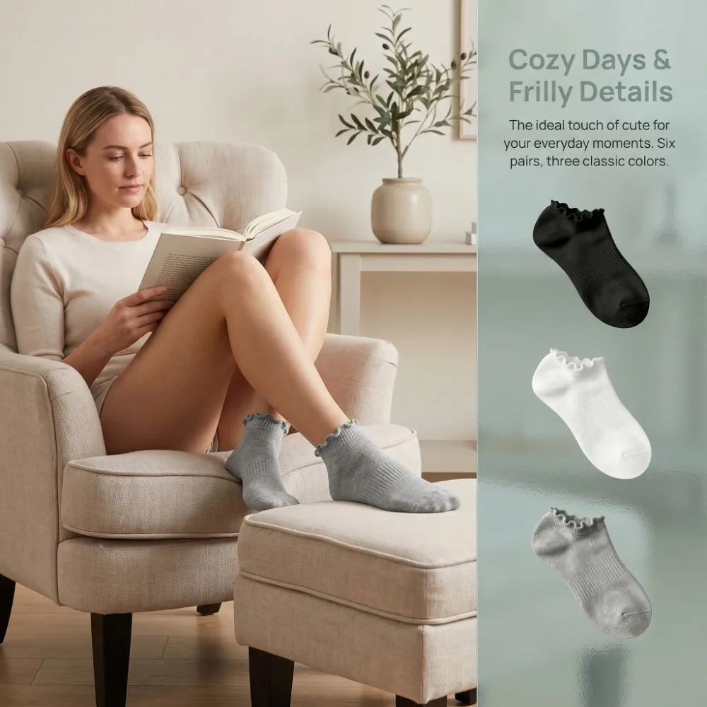 6Pairs Cute Thin No Show Socks Frilly Anti-friction Women Ruffle Socks Short Breathable Shallow Boat Socks Women