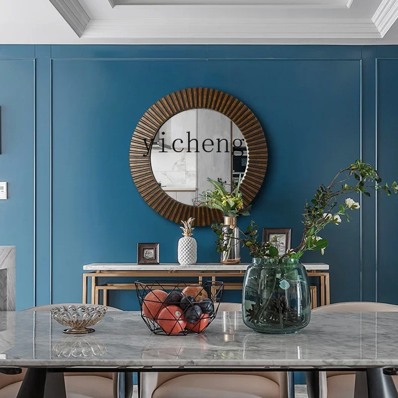 

European American Style Round Coffee Color Mirror Wall-Mounted Mirror Bathroom Mirror