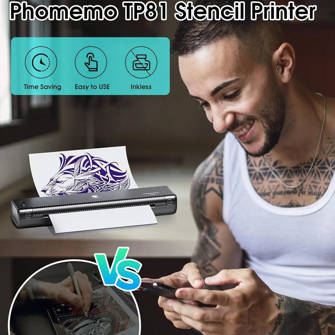 For Phomemo TP81 Compact Pocket Thermal Device BT Tattoo Transfer Copier Wireless Printer Professional Tattoo Studio Salon Equip