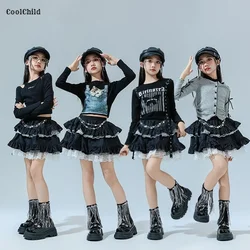 Hip Hop Girls K-pop Goth Crop Top Lace Princess Tiered Skirts Kids Streetwear Children Jazz Costumes Street Dance Clothes Sets