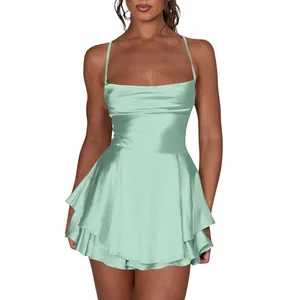 Kurzes Seidenkleid und Frauen -Satin, elegant sexy schlank, wunderschönes kurzes Rückenkleid, Cross Spaghetti -Riemen, plissierter Minirock 8 Hauptverkäufe kurz Seda Kleid - №8