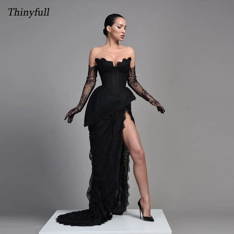 

Thinyfull Mermaid Black Lace Prom Dresses Sweetheart Sleeveless Evening Party Dress Split Long Formal Occasion Gowns Customized