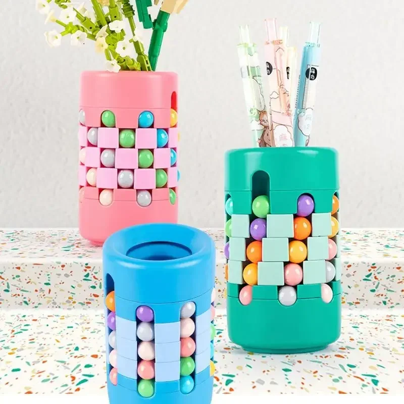 Rotating Magic Beans Cube Creative Pen Holder Kids Adults Stress Relief Spinning Bead Puzzles Children Intelligence Game