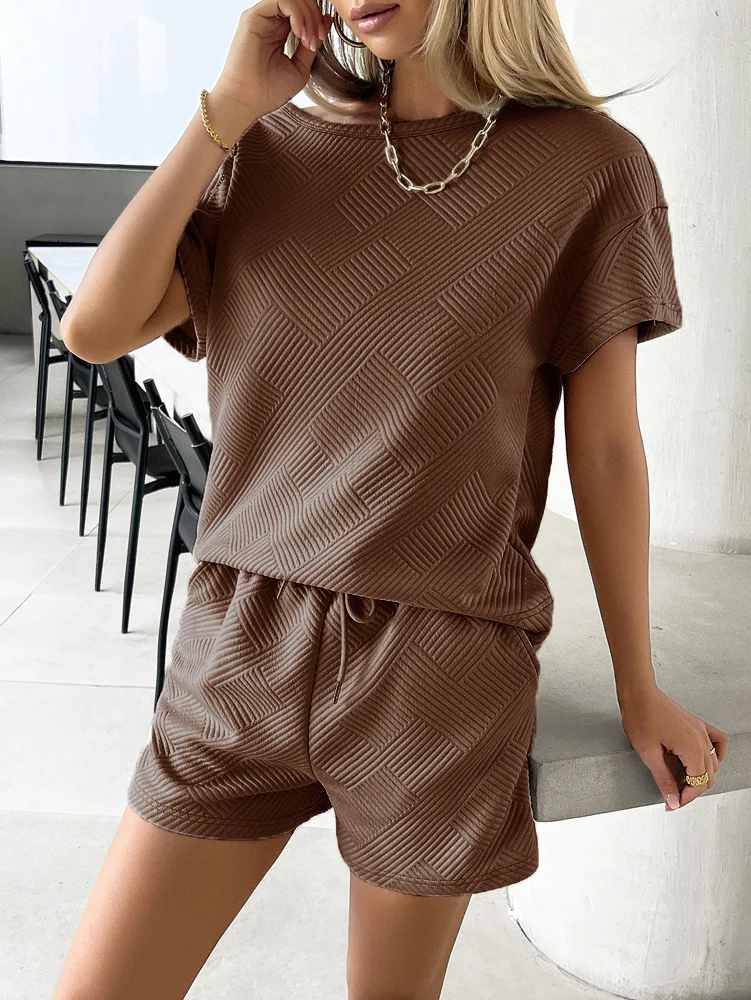 Fitaylor Summer Women Two Piece Sets O-neck T-shirt and Drawstring Wide-leg Shorts Casual Lady Solid Suits