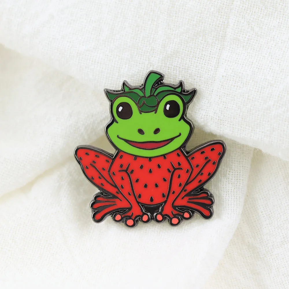 Cute Strawberry Frog Enamel Pin Sweet Red Fruit Froggy Brooch Kawaii Cottagecore Animal Lapel Badges For Women Gift For Backpack
