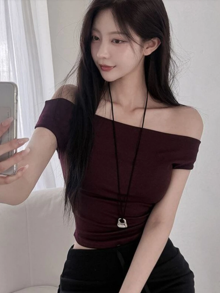 zjaiss 2026 Summer New One Neck Cropped Tee Off Shoulder Women T-shirt Korean Sexy Figure Flattering Slim Short Sleeve Top