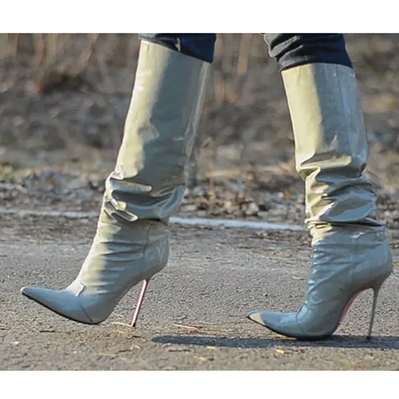 White Pointed Toe Pleated Boots Pointed Toe Solid Side Zipper British Style Stylish Spring Women Knee Boots Zapatos Para Mujere