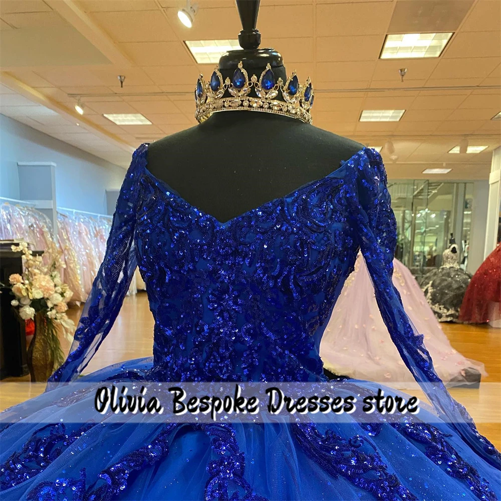 Shiny King Blue Long Sleeves Quinceanera Dress Beads Appliques Ruffle Ball Gown For Birthday vestidos de 15 azul rey Customized