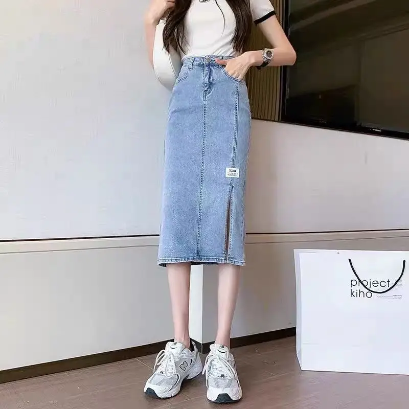 Summer New Retro High Waist A line Denim Half Length Skirt Lady Commuting Korean Version Straight Leg Buttocks Wrapped Skirt