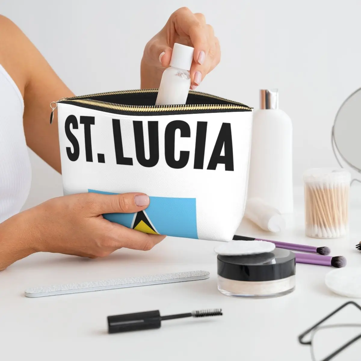 

St Lucia Flag Women Cosmetic Bag Travel Makeup Organizer Pouch Toiletry Storage Dopp Kit Box