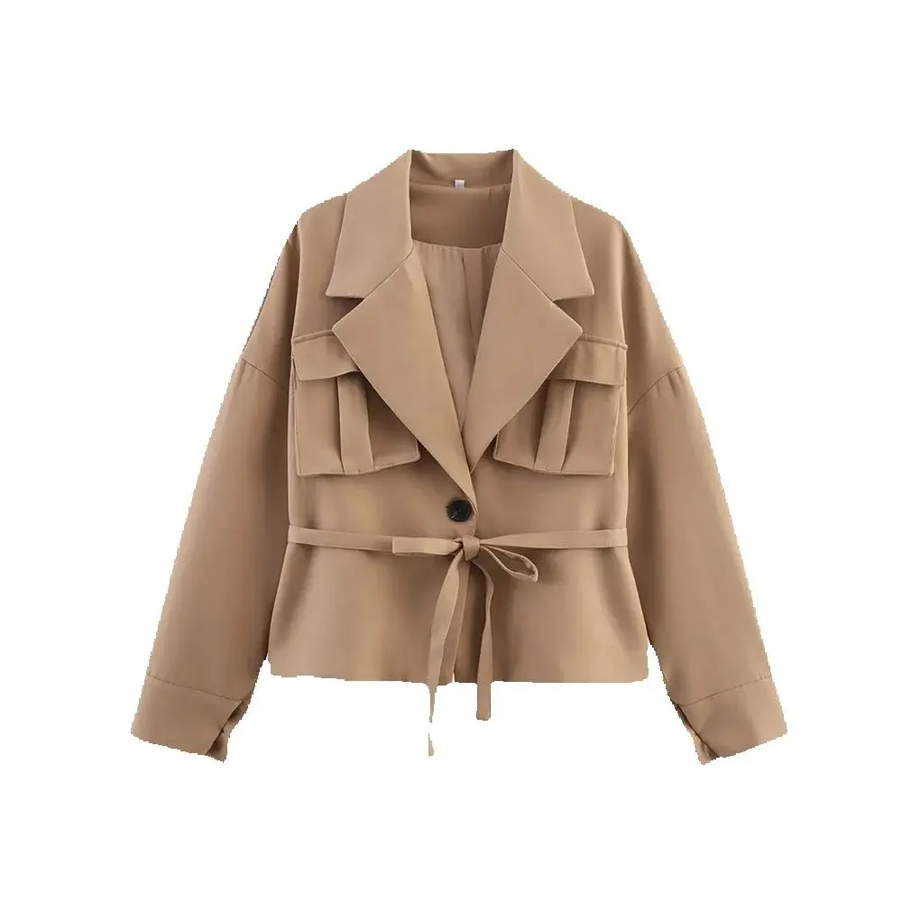 

Autumn new women's clothing fashion temperament solid color three-dimensional pocket belt decoration jacket top