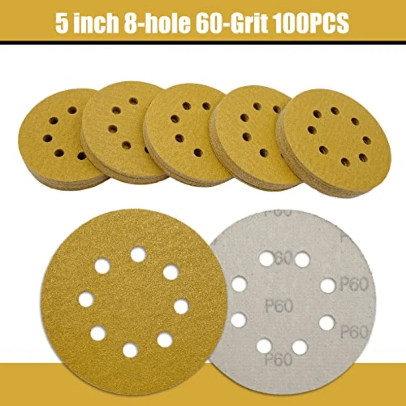 50pcs 5 Inch Sanding Discs Hook and Loop 8 Holes Sandpaper Round Orbital Sander Paper for Woodworking Car Boat Metal Polishing