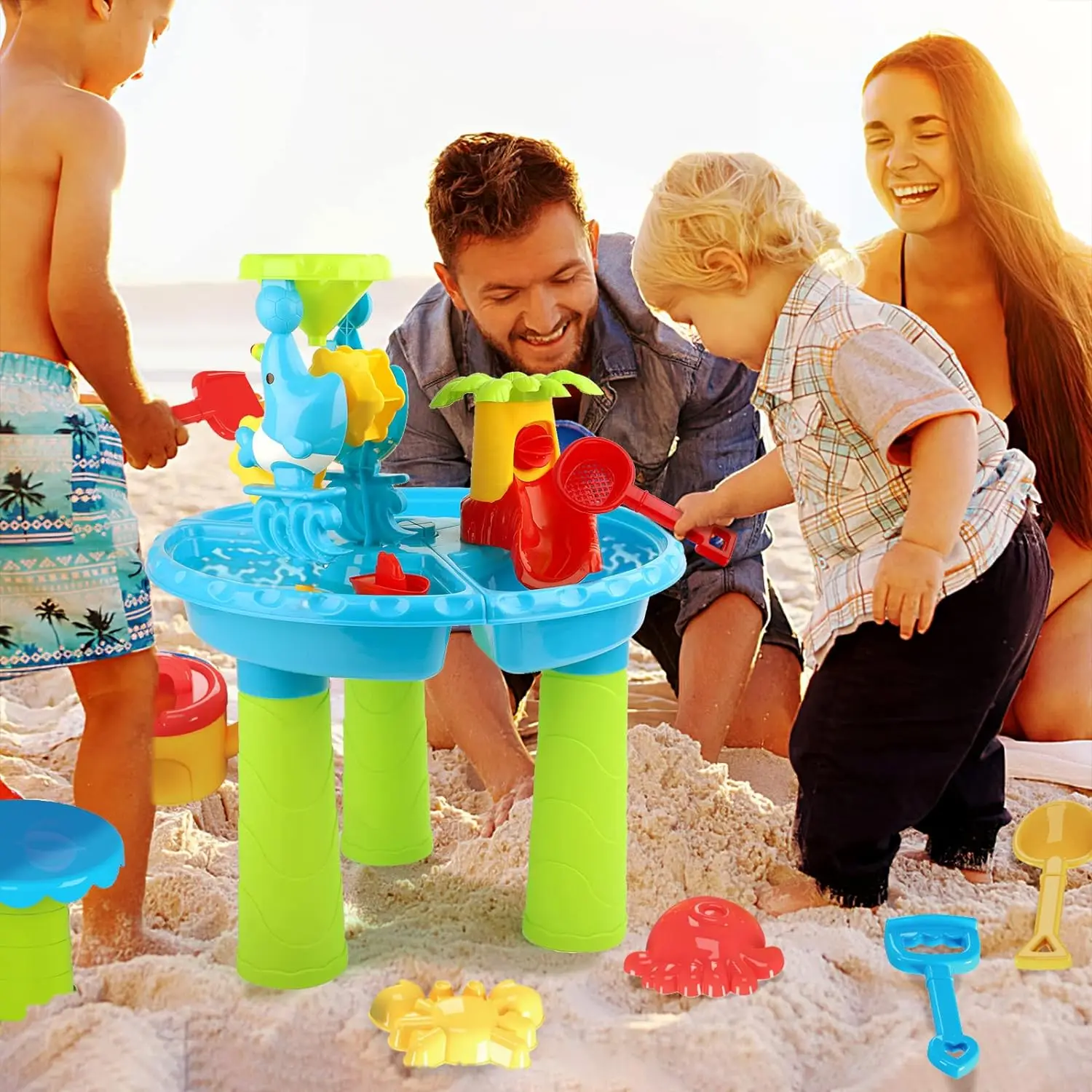 Mesa de arena y agua para niños, juguetes de playa, mesa de arenero para actividades al aire libre, mesa de juego sensorial con rueda de agua de delfín, moldes, arena