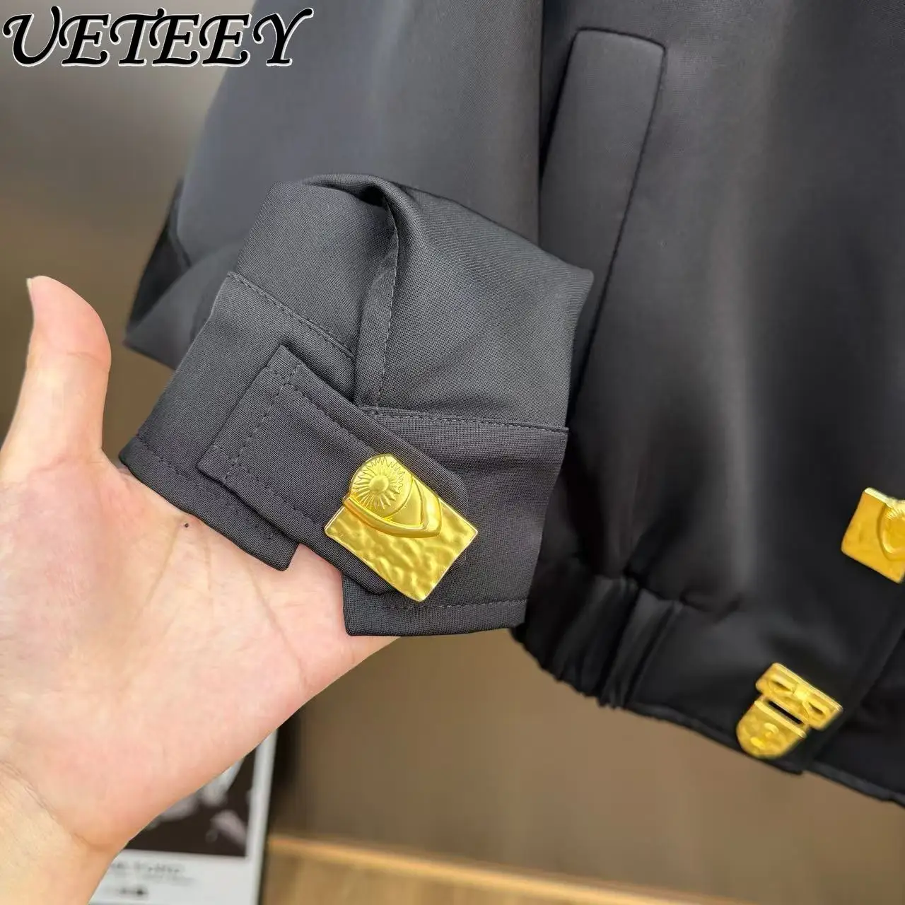 

Turn-down Collar Long Sleeve Metal Heavy-duty Single-breasted Simple Jacket Autumn New Black Versatile Casual Short Coat