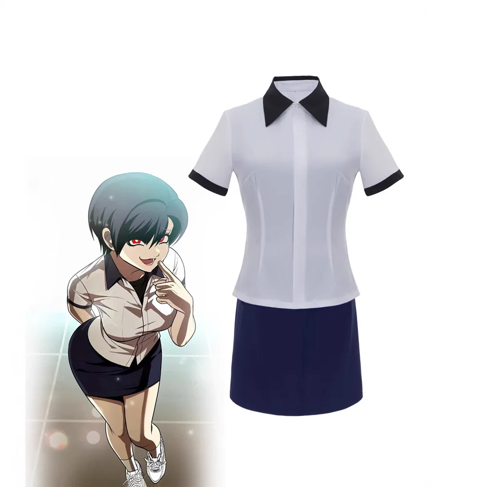 

Plaything Caricature Anime Yin Jialan Cosplay with Dark Blue Wig with White Blue Professional Attire Cosplay Costume Full of Set