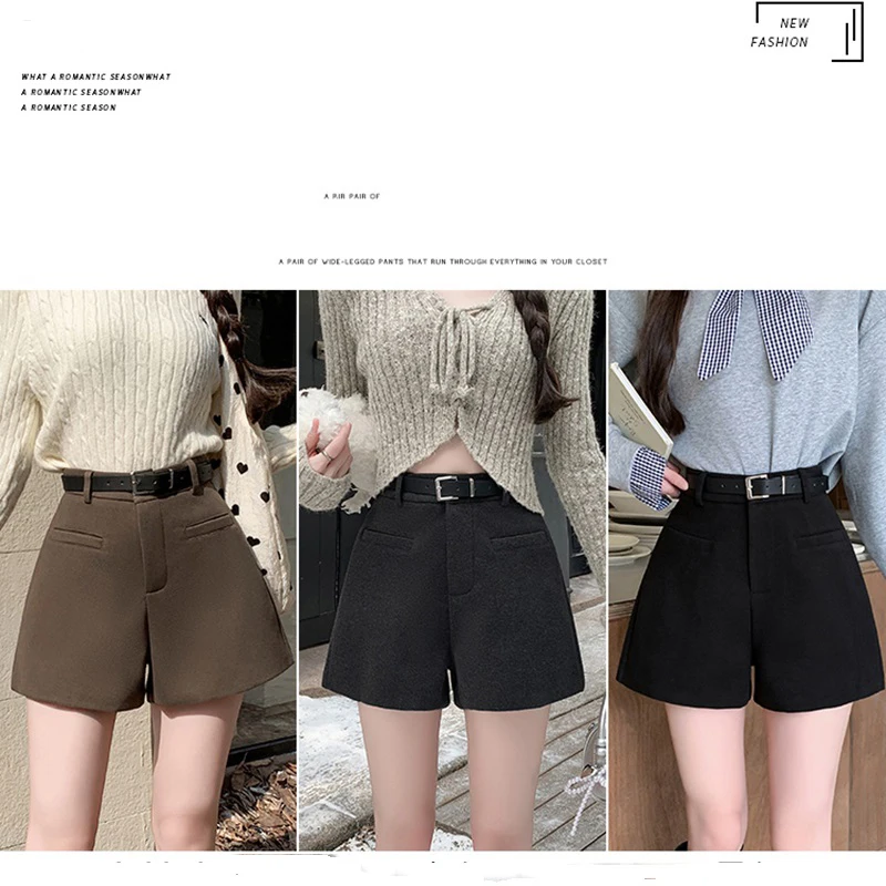 2024 Woman Clothing Elegant Shorts Women High Waist Solid A Line Sexy Korean Woolen Cloth Wide Leg Pants Suit Short Bootcut