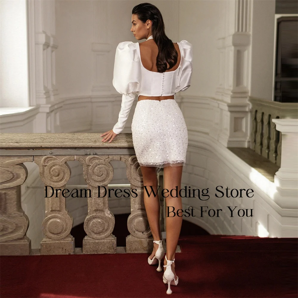 DREAM – robe De mariée courte en Satin, deux pièces, manches longues, dos nu, plissée, personnalisée, 2025