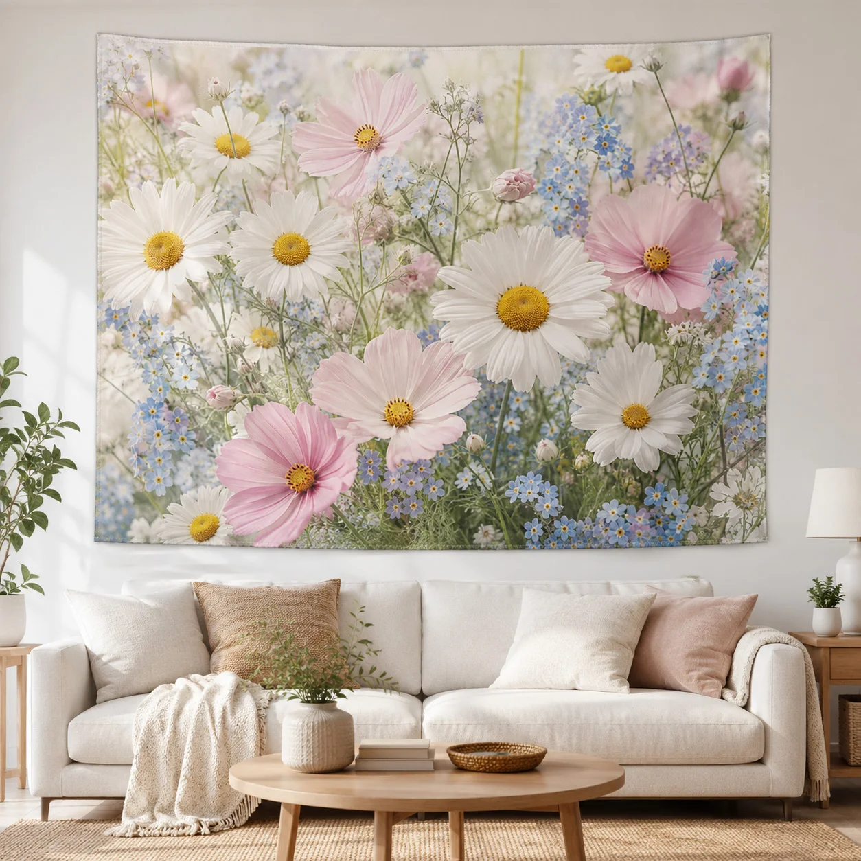 Soft Pink White Daisy Flower Tapestry Wild Floral Pastoral Wall Art, Aesthetic Photo Backdrop, Nice Holiday Gift