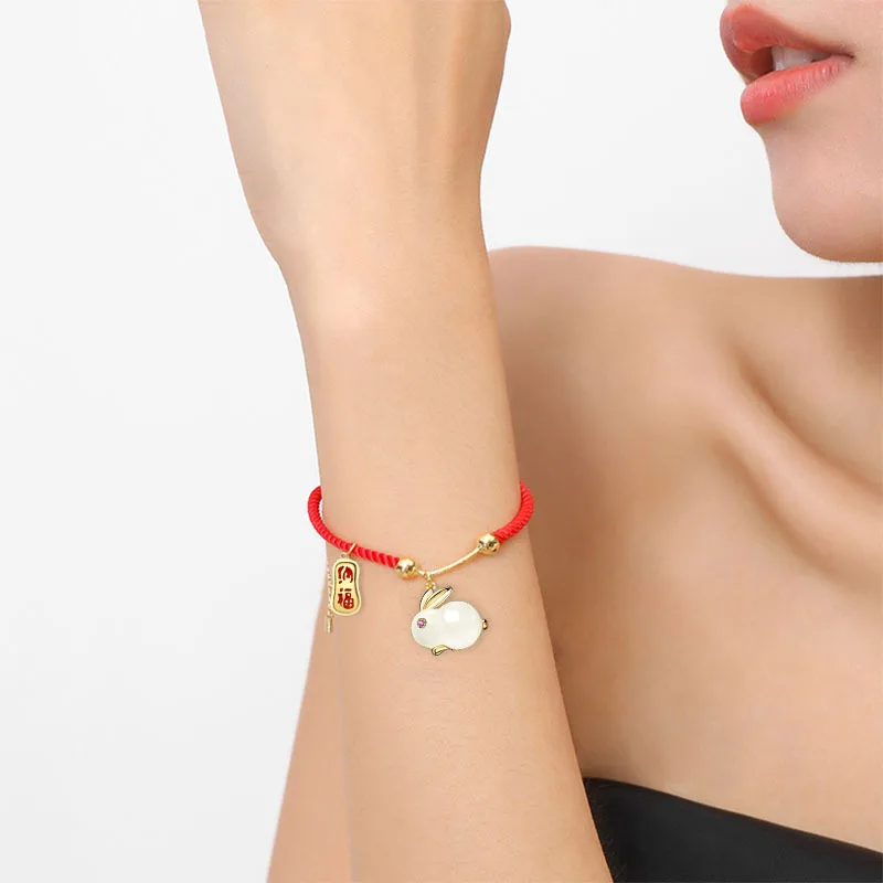 Lucky Wealth Red String Cartoon Bunny Bracelet Jade Rabbit Bless Elastic Beaded Charm Animal Bangle for Women Men Zodiac Jewelry - Image 6