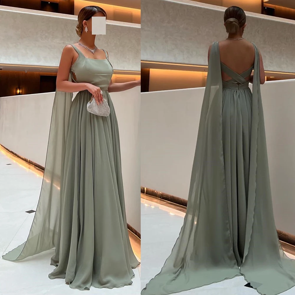 

Charming Evening Dresses Spaghetti Strap Illusion A-line Prom Gown Sqare Neck Backless Solid Color Maxi Dress