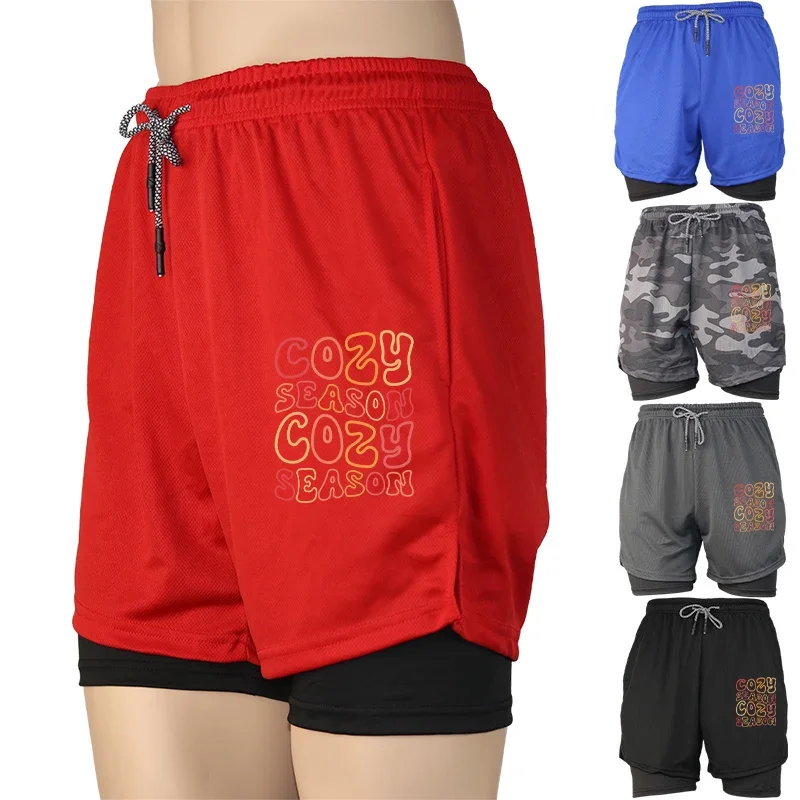 

Мужские летние шорты для тренировок 2 в 1, спортивные шорты для бега с принтом и карманом для телефона, быстросохнущие, дышащие