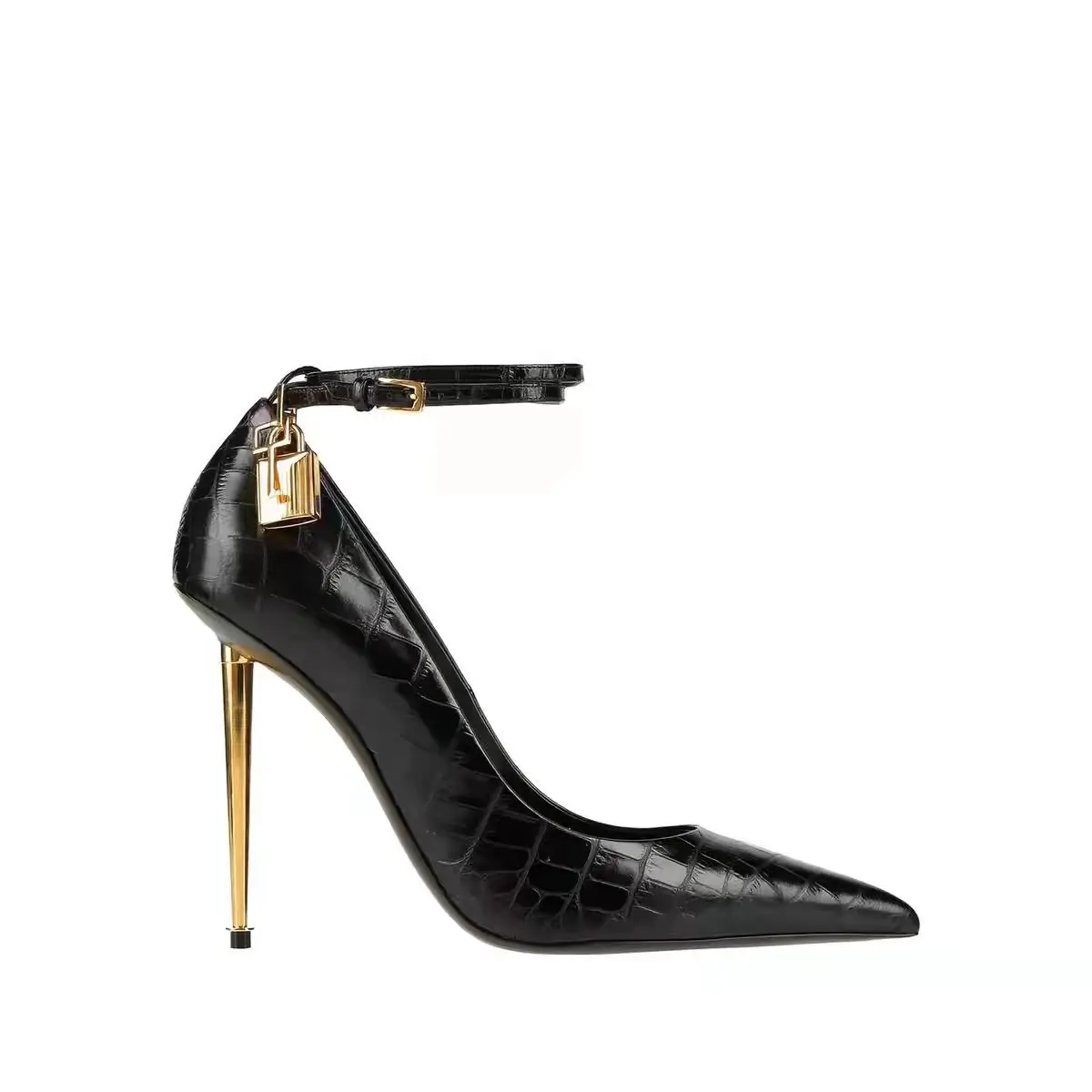 PU Leather Pointed Toe Metal Lock Women Pumps Shoes Stiletto High Heels Buckle Strap Design Large Size Fashion Lady Shoes