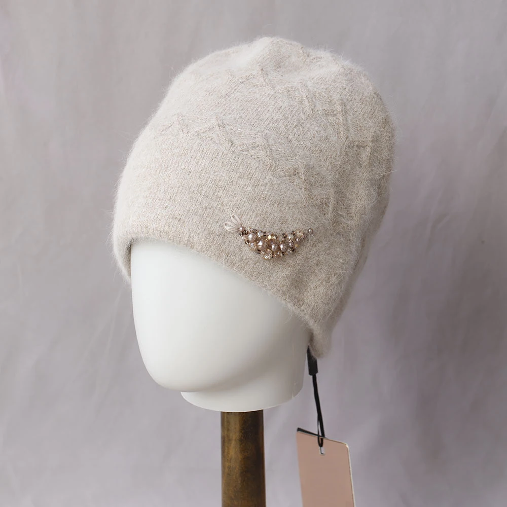 

Angora Hat Women Winter Beanie With Pearls Double Layers Warm Accessory For Autumn Cold Weather Skiing Sports Outdoor Holiday