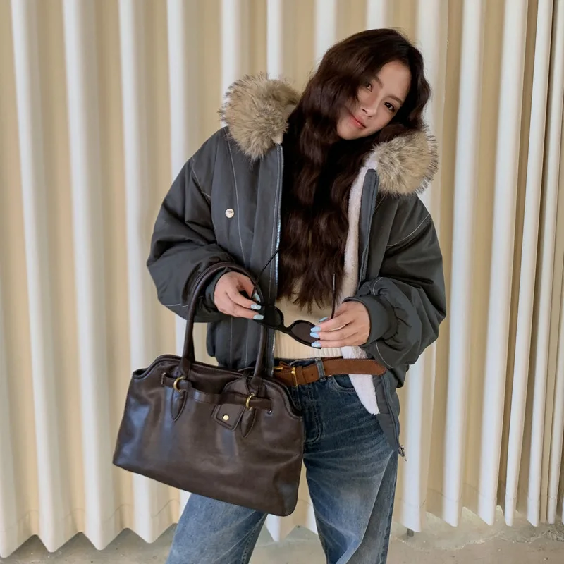 Women Short Parkas Coat Solid Jacket Big Fur Collar Hooded Zipper Pocket Long Sleeve Loose Casual Office Lady 2025 Autumn Winter