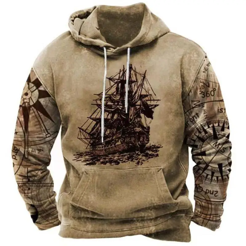 Vintage Hoodies Mens Hooded Sweatshirts Nautical Print Pullover Winter Loose Harajuku Clothes Casual Long Sleeve Streetwear Tops