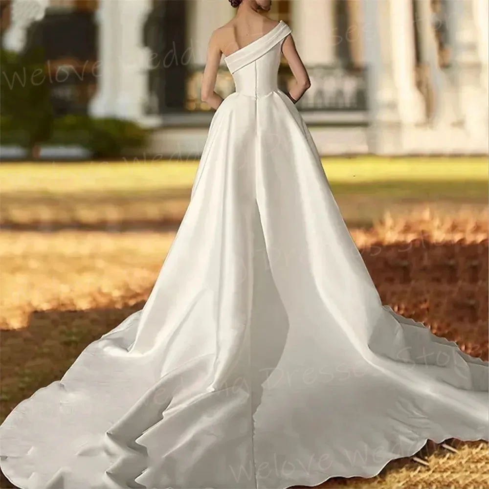 Simple A Line Women's Wedding Dresses Charming One Shoulder Customized Bride Gowns Sleeveless Backless Satin Vestidos De Novia