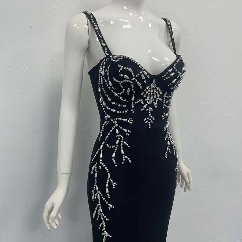 Vestido de noche Bandage de fiesta de cóctel de celebridades sexy a la moda con cuentas elegantes negras de alta calidad para mujer