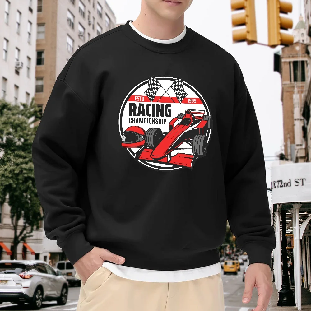 

Men's Black Crew Neck Sweatshirt with Racing Print, Loose Fit, Retro Sports Style, Street Fashion Casual Top, Versatile and Comfortable for Everyday Wear