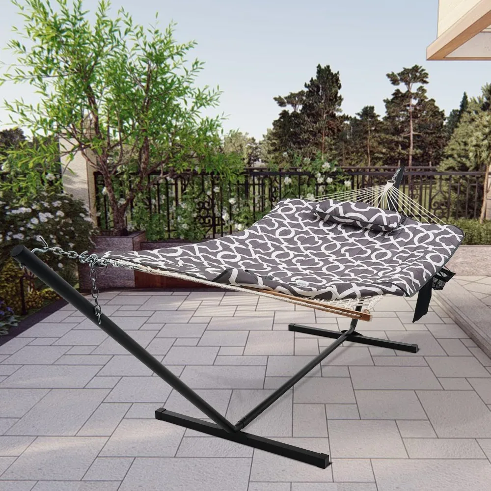 

Hammocks 12 Feet Steel Hammock Stand with Cotton Rope Hammock Combo,Quilted Polyester Hammock Pad and Pillow (Tan)