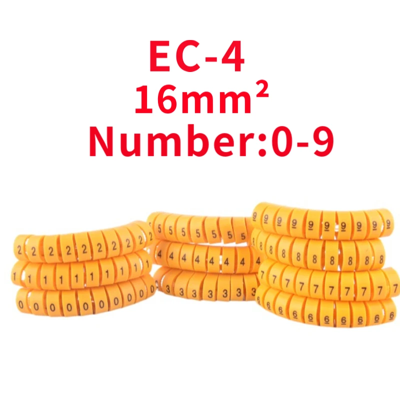 100PCS EC-4 Cable Wire Marker 0 to 9 For Cable Size 16.0 sqmm yellow Colored number tube