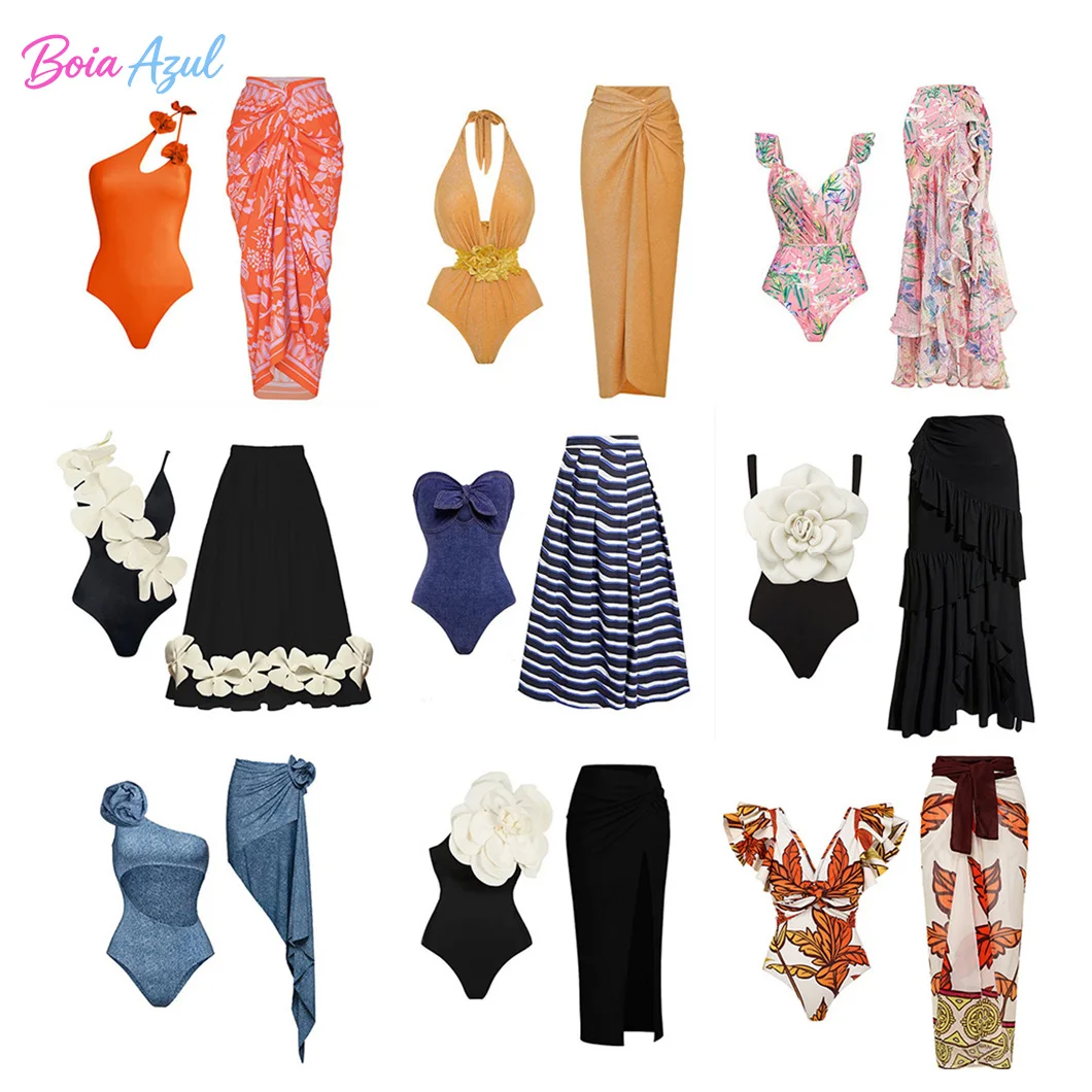 Three-dimensional flower-patterned one-piece swimsuit two-piece set including the same fabric wrap-around skirt and the swimsuit