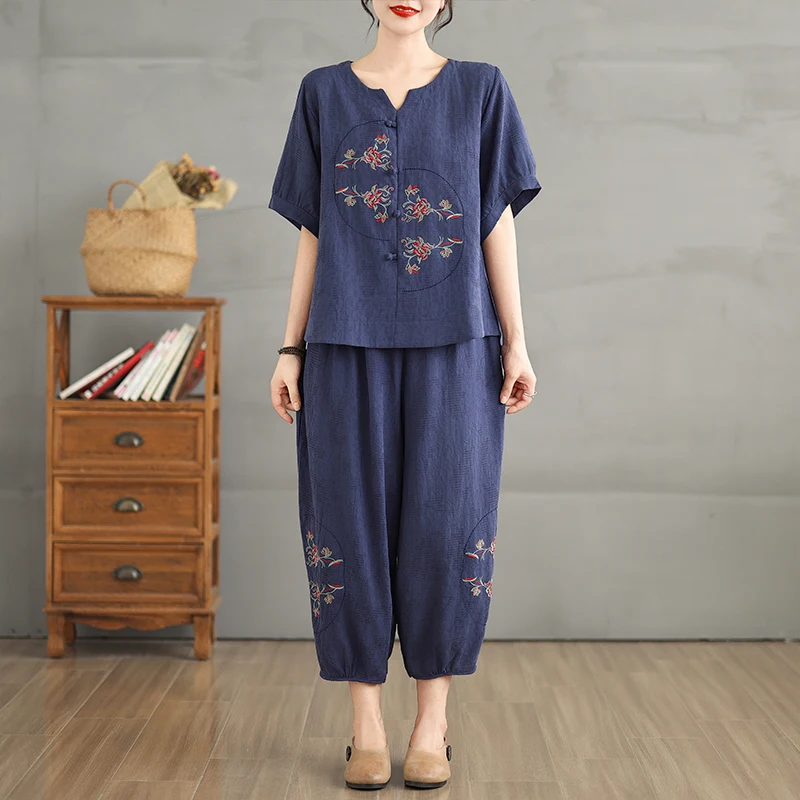 Lässiges zweiteiliges Harlan-Set aus Baumwollleinen für Damen, Sommer-Faion-Ensemble, V-Ne-Teilige Hose, Svel-Weste für Mama