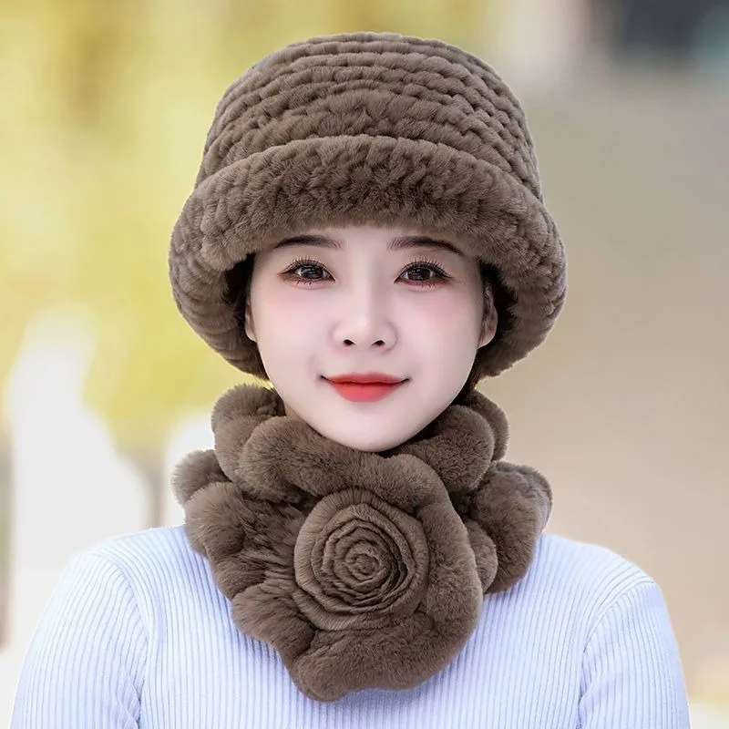 

2023 New Rabbit Faux Fur Hat Autumn Winter Ladies Casual Middle-aged Elderly Hats Scarves Warm Thickening Cap