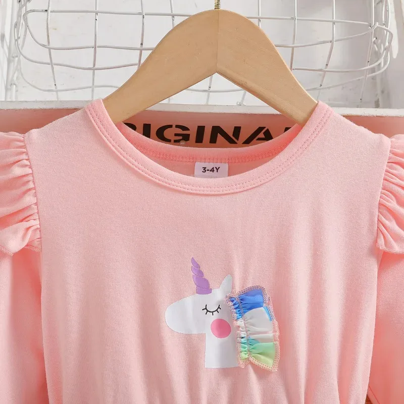 CyDress für Kinder, 2–7 Jahre alt, niedliches Cartoon-Einhorn, gerüscht, bunt, Tüllärmel, Prinzessinnenkleider, Ootd für Babys