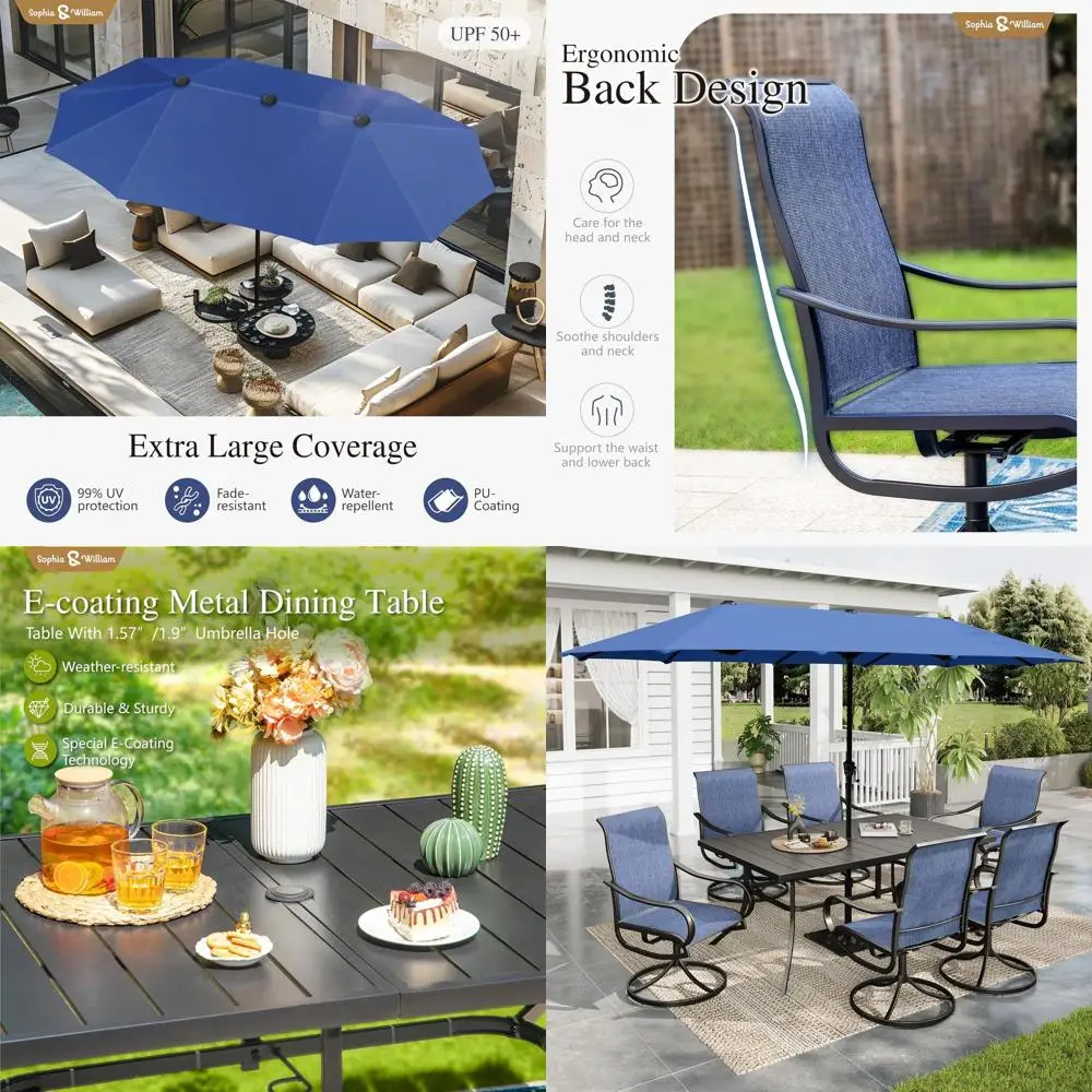 

Комплект для уличной обеденной зоны из 8 предметов с темно-синим зонтом и 6 синими поворотными стульями