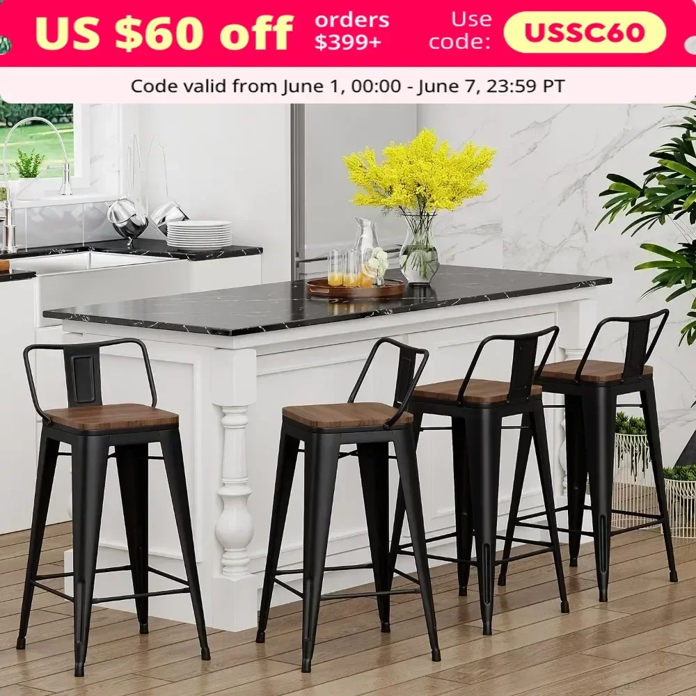 

Bar Stool, 24" Metal Barstools Set of 4 Counter Bars Stools with Wood Top Low Back Matte Black, Bar Stool