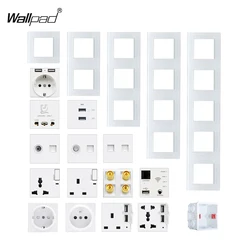 Vertical DIY Glass Panel EU French UK Socket with USB HDMI Satellite TV Data Audio AV Footlight Socket 45A 20A Switch with LED