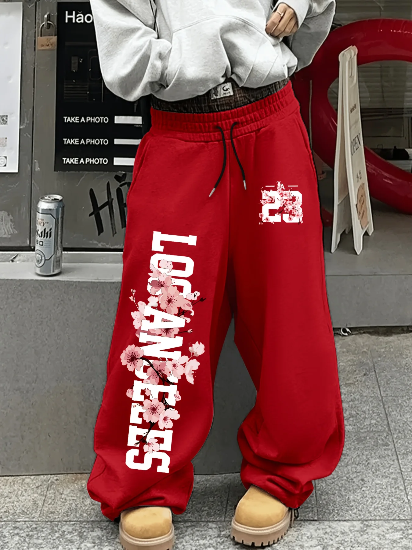 Men American Straight Leg Sweatpants Los Angeles Large Letter Sakura Number Print Loose Drawstring Trend Street Daily S-3XL