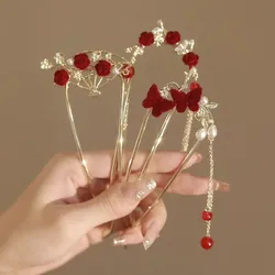 Ancient Style New Year Red Flower Tassel U-shaped Hairpin Women High-end Flocked Alloy Hairpin Elegant Hanfu Headwear