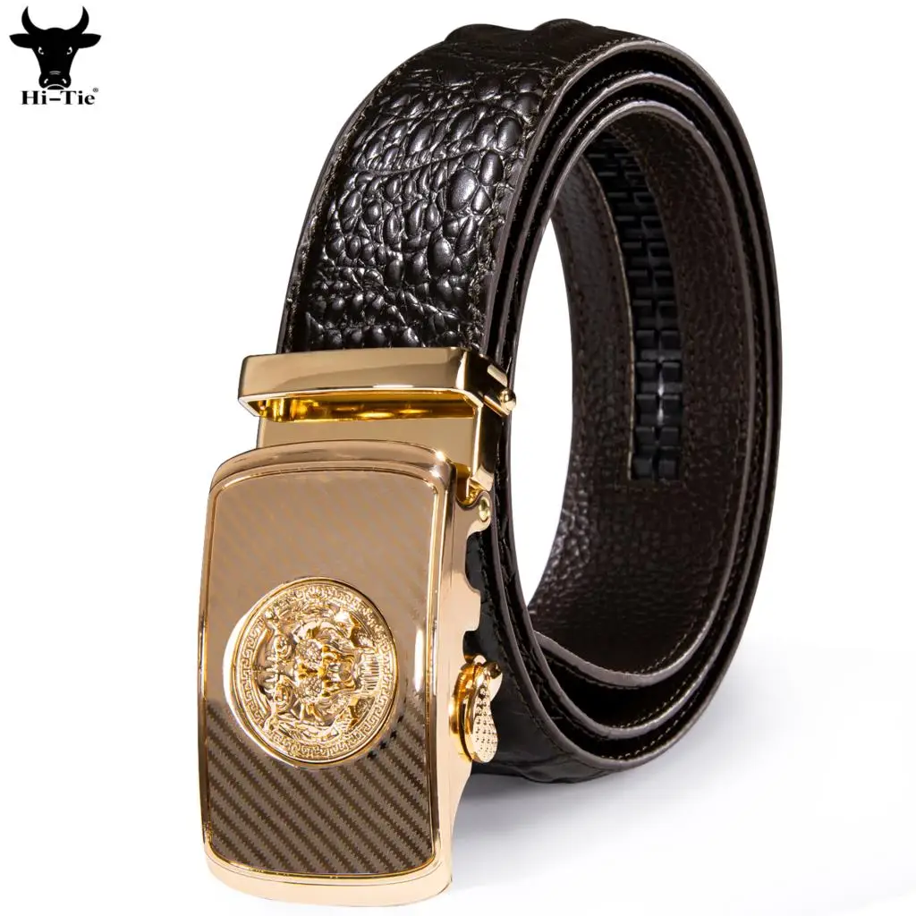 

Hi-Tie Gold Tiger Automatic Buckles Mens Belts Brown Crocodile Pattern Leather Ratchet Waistband Belt for Men Jeans Dress Cowboy