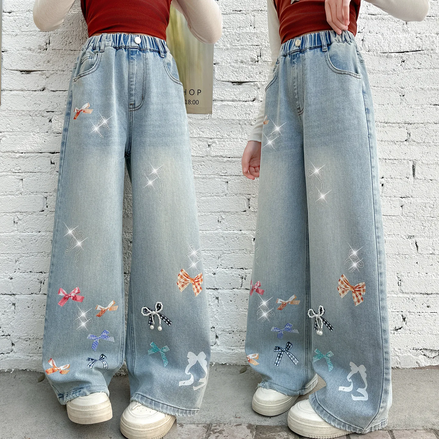Girls' Bow-knot Bright Diamond Jeans Spring and Autumn Fashionable Wide-leg Straight Pants Suitable for Children Aged 4-14y