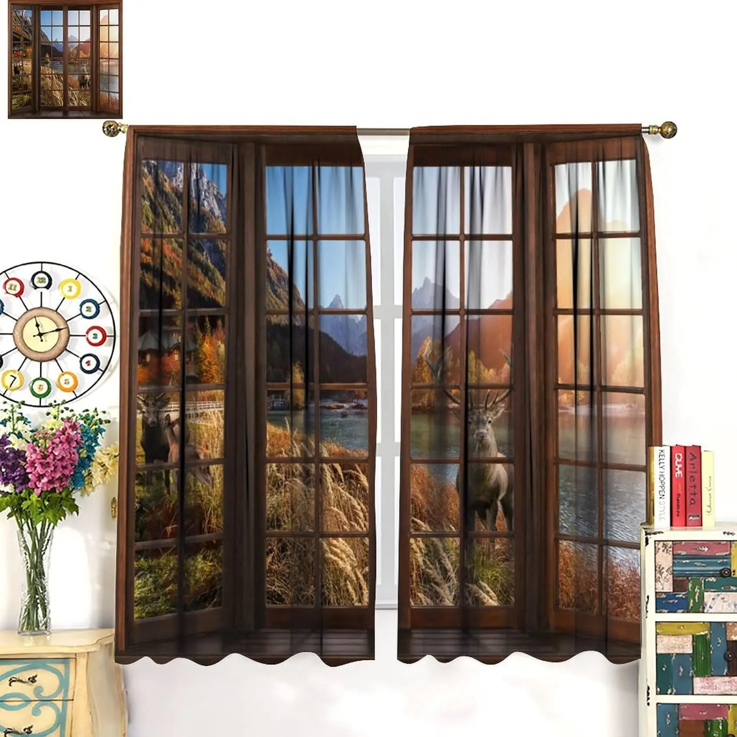 Autumn Rustic Landscape Curtains, Vintage Rural Forest Lakeside Wooden Log Cabin Wild Animal Deer, Blackout Rod Pocket Window