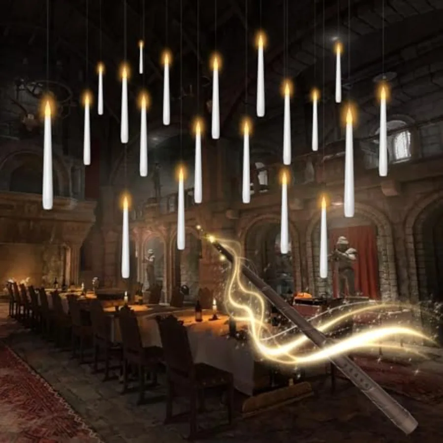 Flameless Floating Candles with Wand 20 Pcs Magic LED Hanging Taper Candles Flickering Battery Operated Taper Candle with Wand