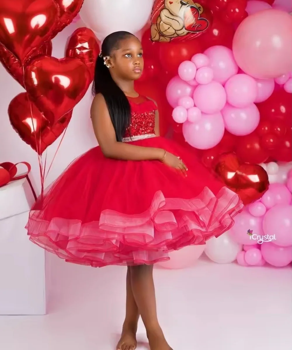 

Red Flower Girl Dresses for Wedding Sequins Sleeveless Lovely Baby Girl Birthday Party Gowns First Communion Gown Customized