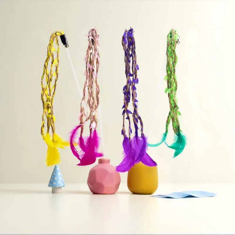 Bunter Weizenähren-Katzenspielstab mit Glocke, Hanfseil, Blatt- und Quastendekoration, bunte Feder, interaktives Katzenspielzeug mit Glocke